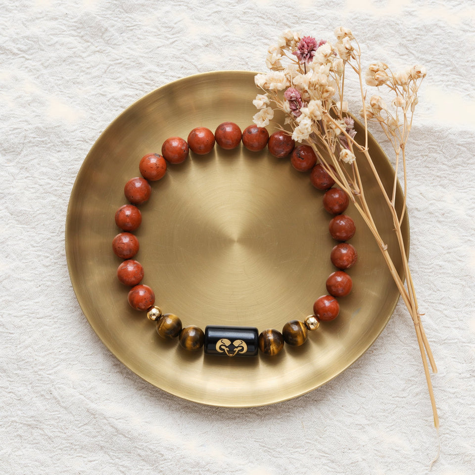Aries zodiac red jasper and tiger's eye bracelet - story what