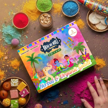 Divine Vrindavan Organic Holi Gulal Box - Set of 5 Gulal Pouch (80Gms Each)  with Free Japa Counter