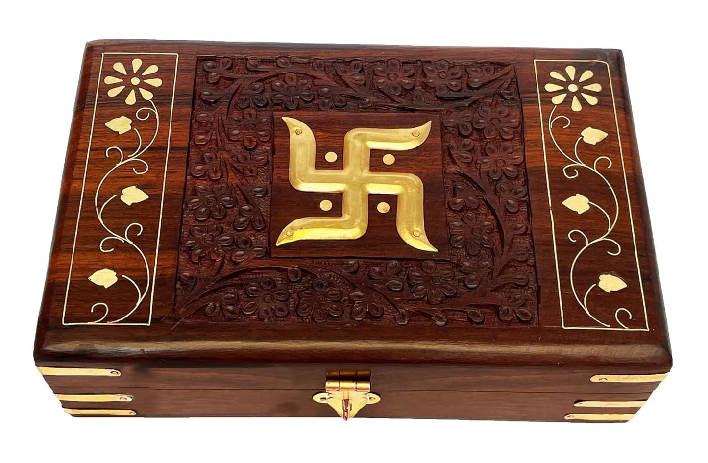 Handcrafted Brass-Filled Wooden SWASTIK Box | Good Luck & Spiritual Storage Box