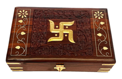 Handcrafted Brass-Filled Wooden SWASTIK Box | Good Luck & Spiritual Storage Box