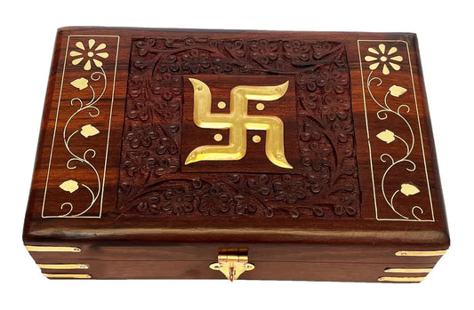 Handcrafted Brass-Filled Wooden SWASTIK Box | Good Luck & Spiritual Storage Box