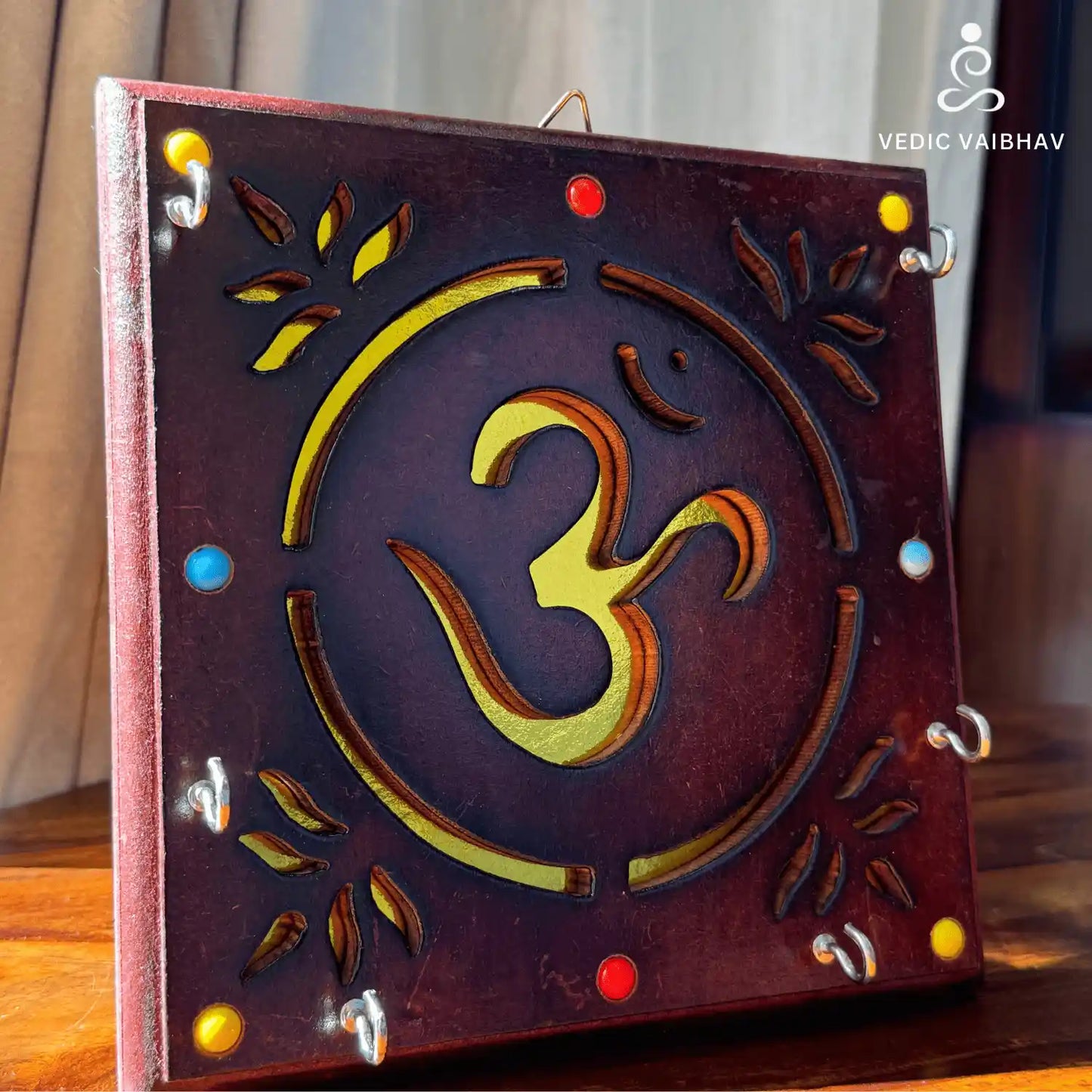 Handcrafted Wooden Aum Key Holder – Wall Mounted Organizer with Hooks