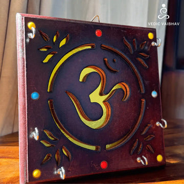 Handcrafted Wooden Aum Key Holder – Wall Mounted Organizer with Hooks - 1