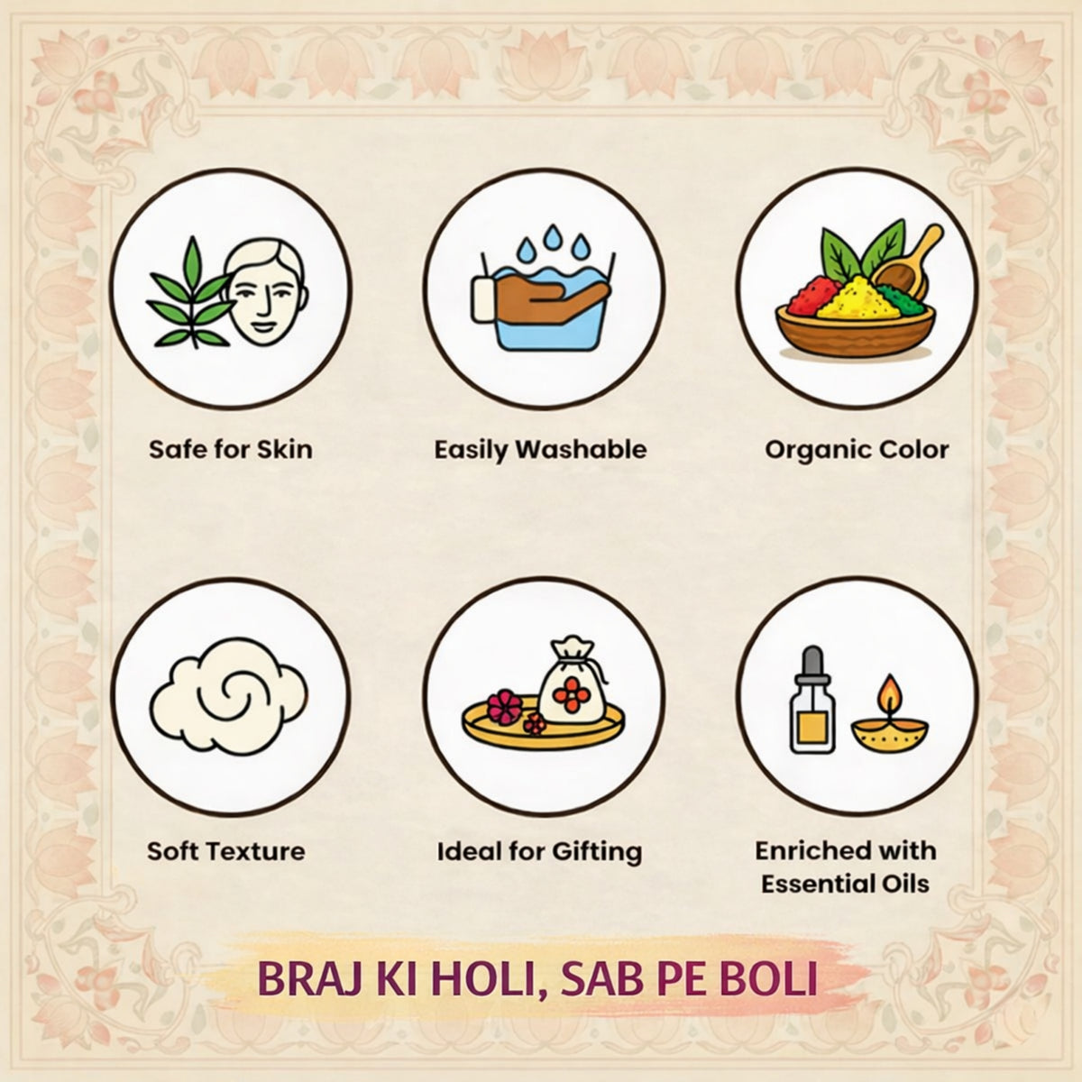 Divine Vrindavan Organic Holi Gulal Box - Set of 5 Gulal Pouch (80Gms Each)  with Free Japa Counter