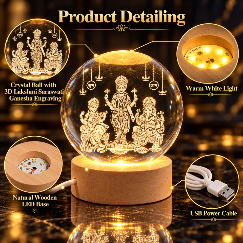Lakshmi Saraswati Ganesh 3D Crystal Lamp, feature details with icons
