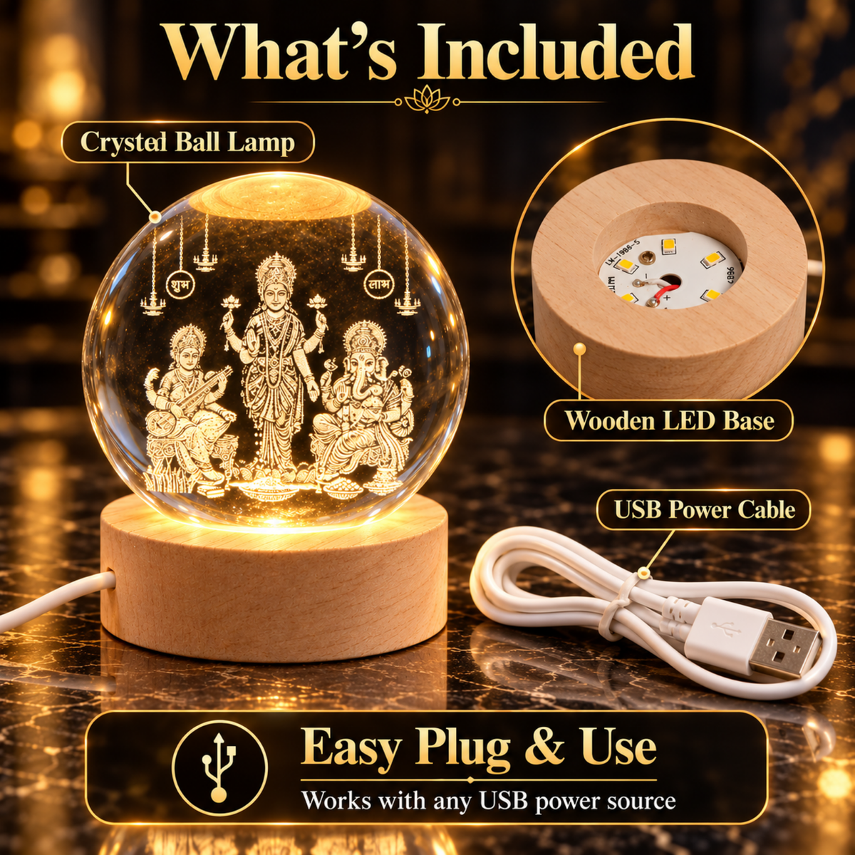 Lakshmi Saraswati Ganesh 3D Crystal Lamp, what comes in the box graphic