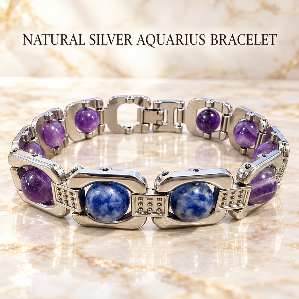 Aquarius silver tone zodiac bracelet with Amethyst and Lapis Lazuli