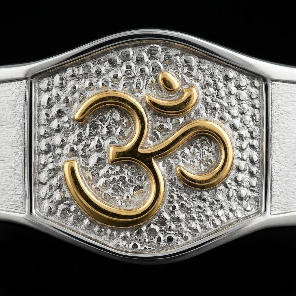 Close-up of the raised gold Om on the textured centre plate