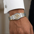 Om Bracelet for Men worn with a white formal shirt cuff