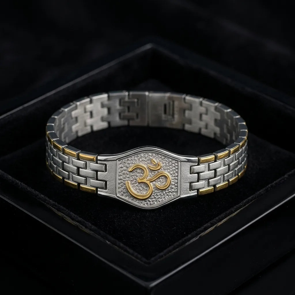 Om Bracelet for Men on a black velvet jewellery tray