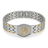 Om Bracelet for Men, two-tone stainless steel watch-style band, white studio