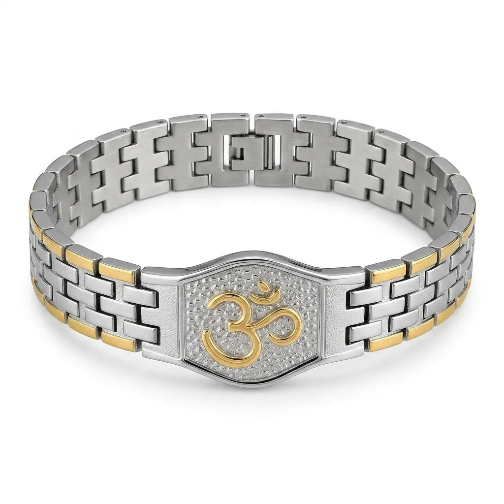 Om Bracelet for Men, two-tone stainless steel watch-style band, white studio