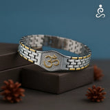 Om Bracelet for Men on a leather box, blue background