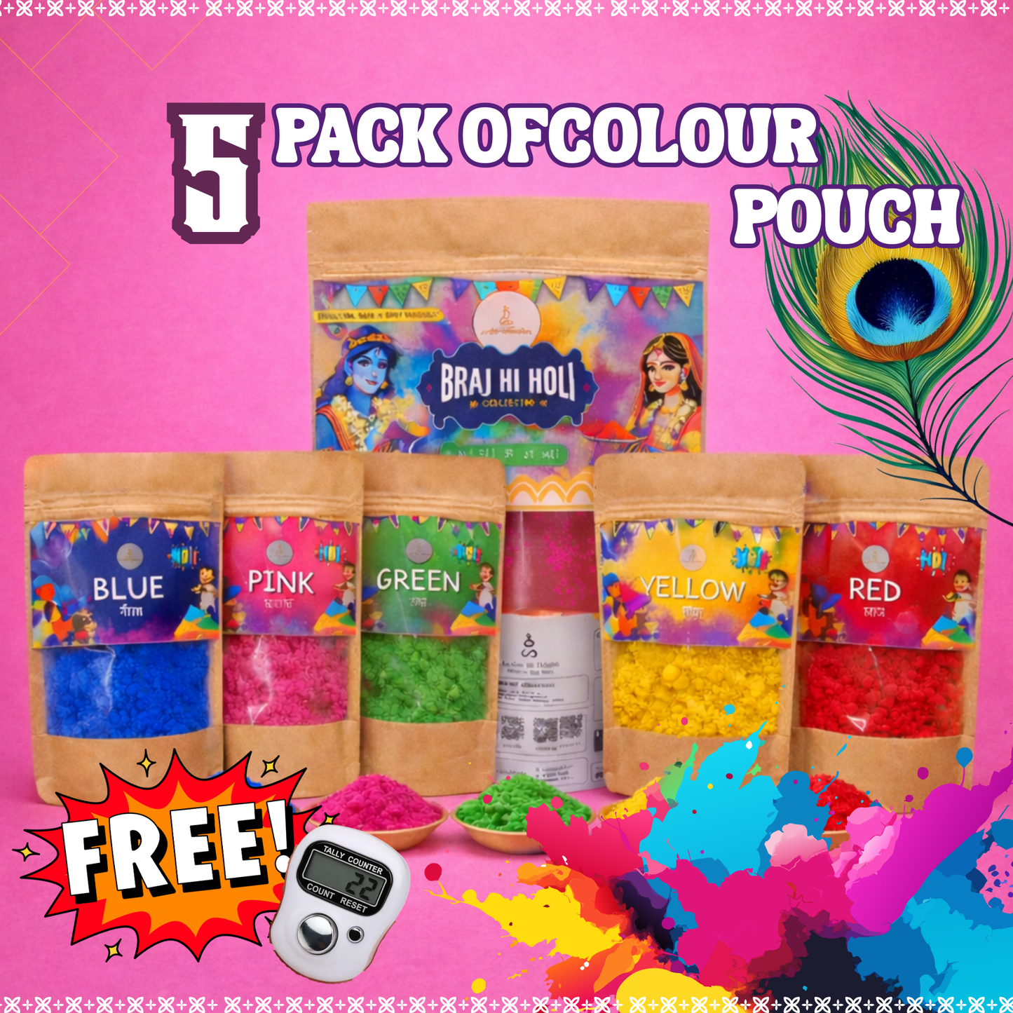 Braj Ki Holi – Herbal & Natural Gulal Pack (5 Colours) (Pouch)| Free Japa Counter | Shree Banke Bihari Ji Prashad Included