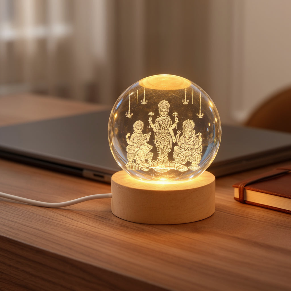 Lakshmi Saraswati Ganesh Ji 3D crystal ball lamp glowing on a wooden office desk beside a laptop