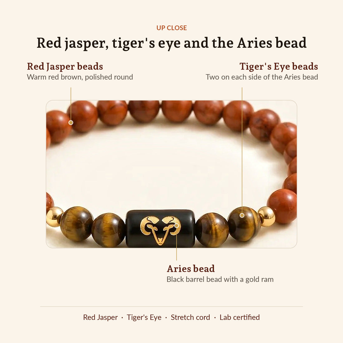 Aries Zodiac Red Jasper & Tiger's Eye Bracelet, up close