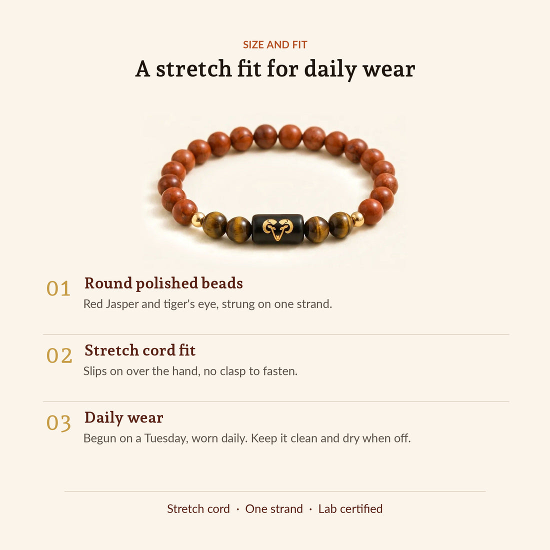 Aries Zodiac Red Jasper & Tiger's Eye Bracelet, size and fit
