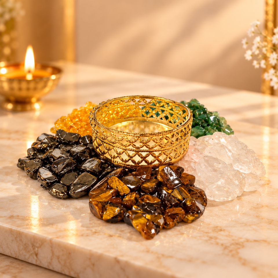 Dhan Lakshmi Deep, Five Crystal Diya, product on a styled background