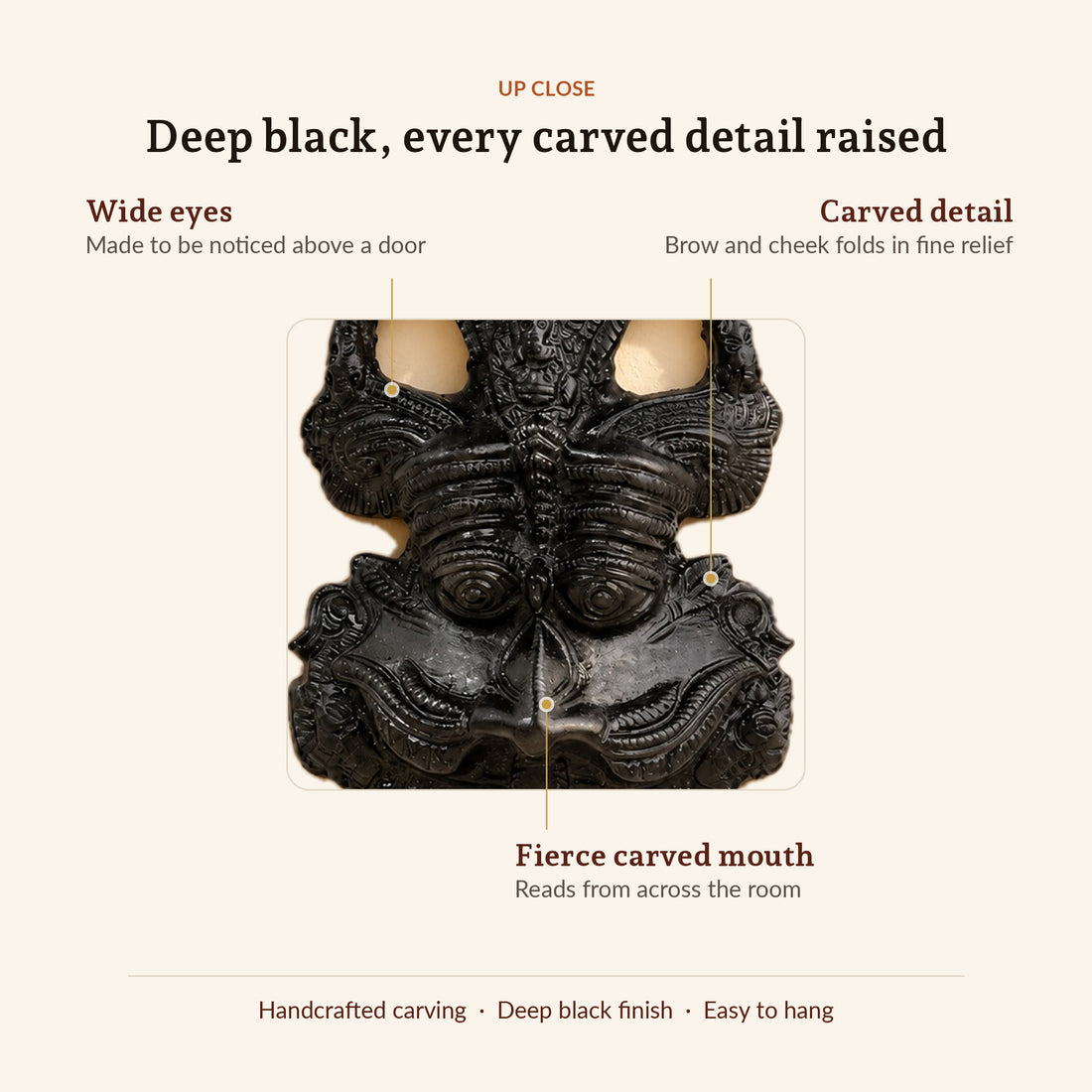 Black Kirtimukh Wall Hanging, up close