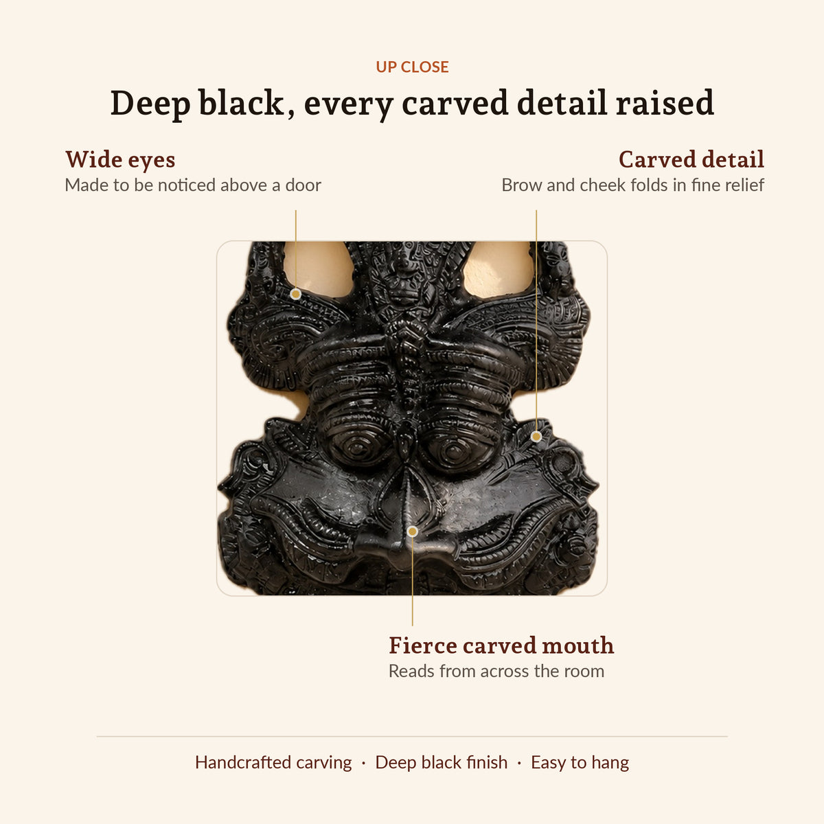 Black Kirtimukh Wall Hanging, up close