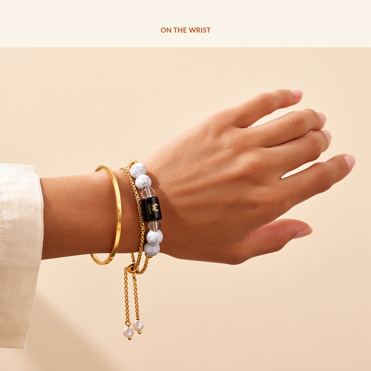 Cancer Zodiac Slider Bracelet for Women, in use
