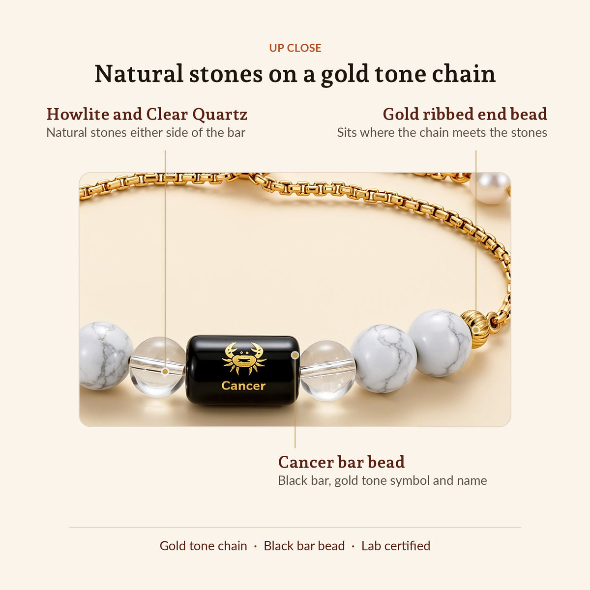 Cancer Zodiac Slider Bracelet for Women, up close