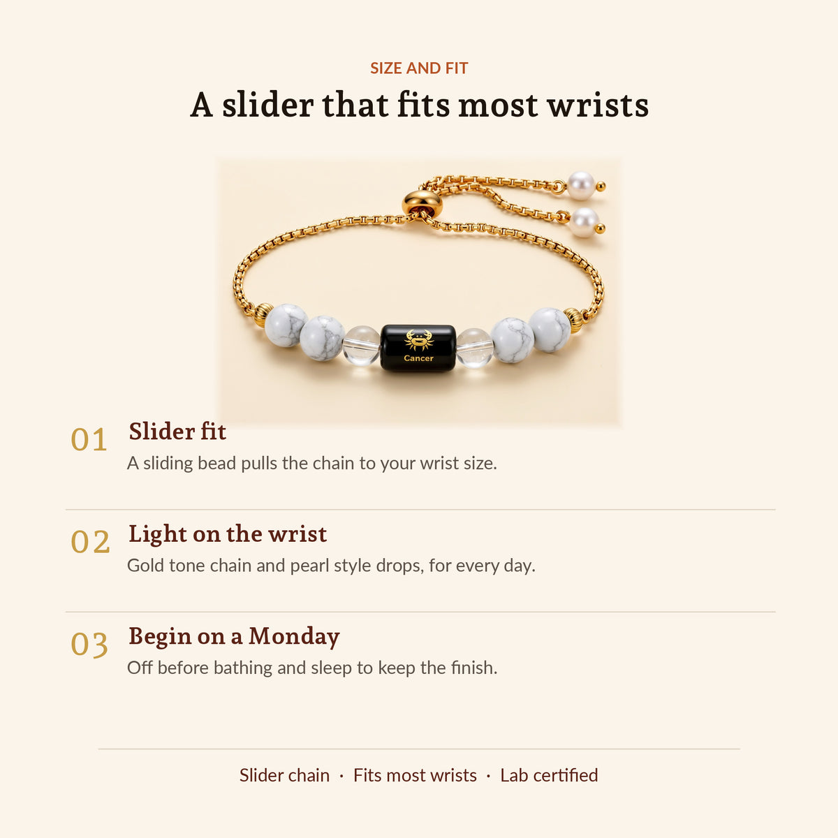 Cancer Zodiac Slider Bracelet for Women, size and fit