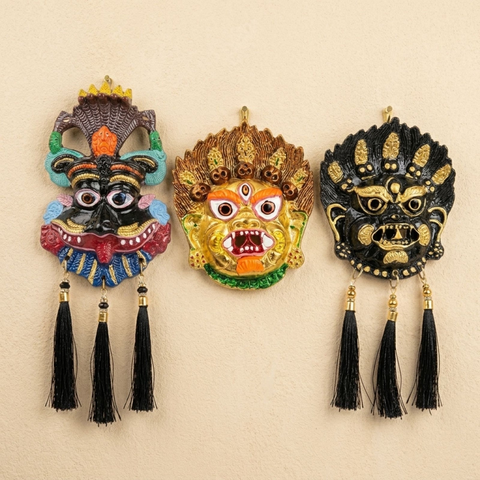 Narsingh Kirtimukh Divine Combo (Set of 3) – Black Tassel & Golden Glow Protection Decor