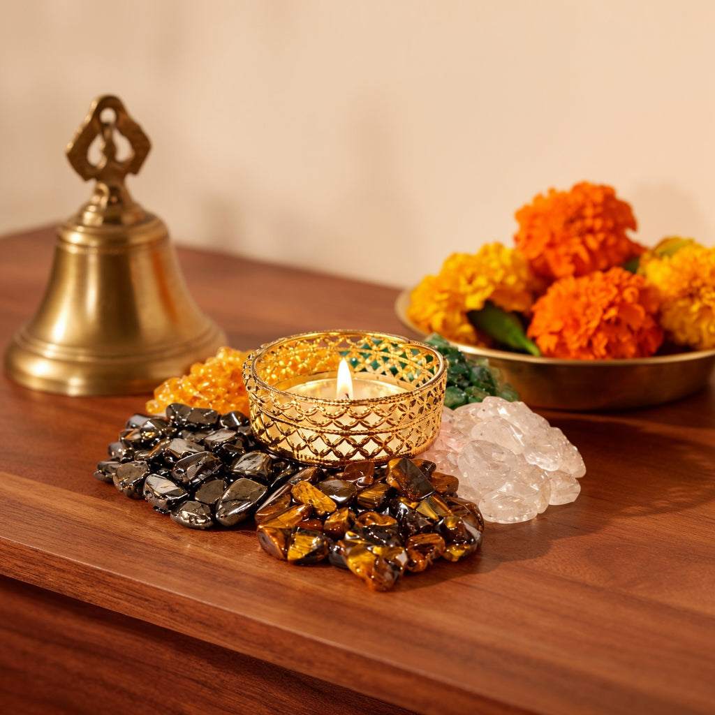 Dhan Lakshmi Deep with five crystal chip heaps and a lit tealight on a puja shelf beside a brass bell and marigolds