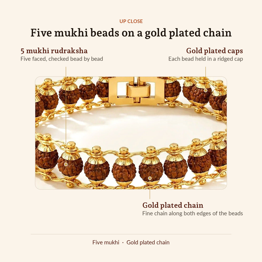 Gold Plated Rudraksha Bead Bracelet - 5 Mukhi, up close