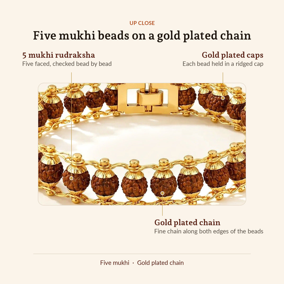 Gold Plated Rudraksha Bead Bracelet - 5 Mukhi, up close