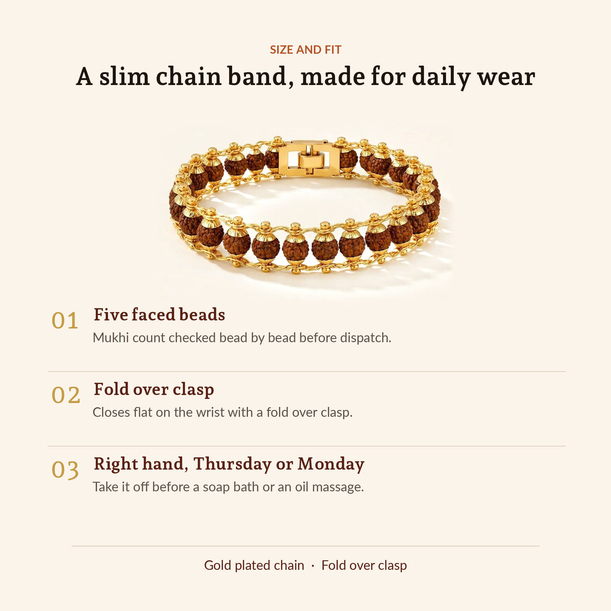Gold Plated Rudraksha Bead Bracelet - 5 Mukhi, size and fit