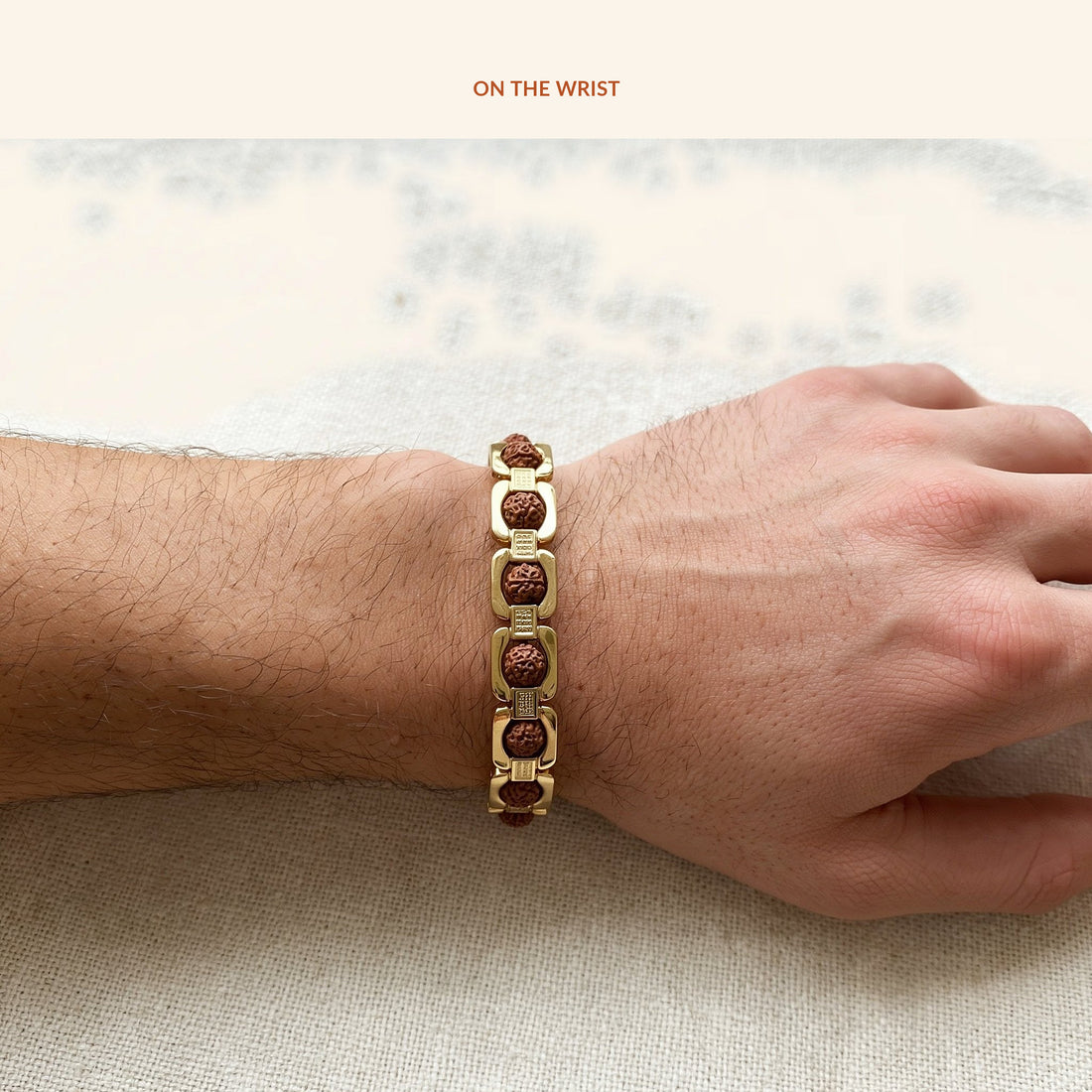 Gold Plated Rudraksha Bracelet, on the wrist