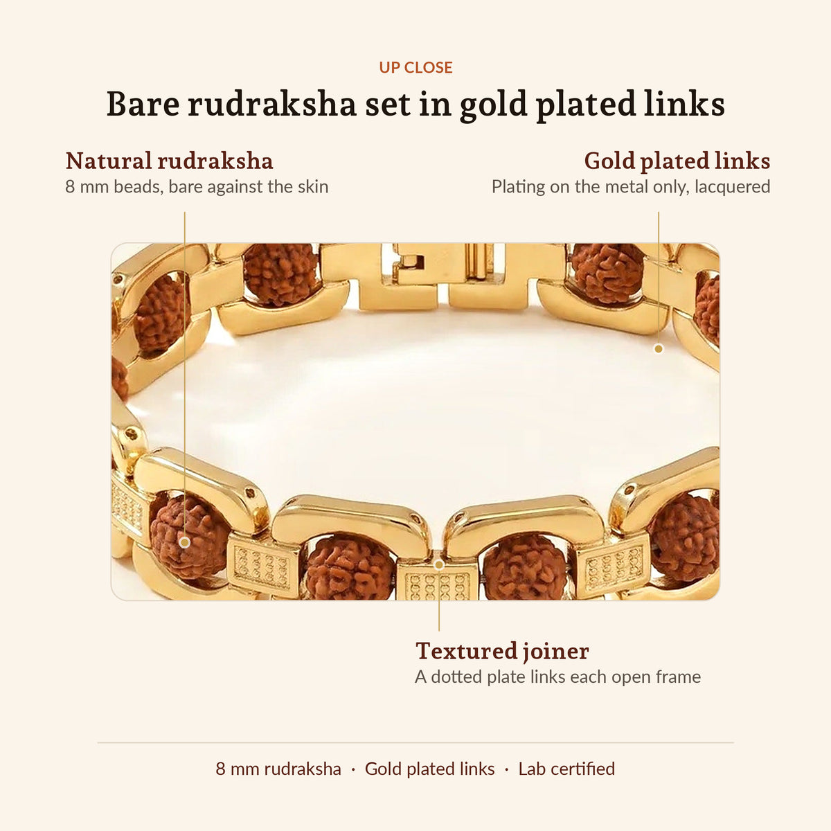 Gold Plated Rudraksha Bracelet, up close