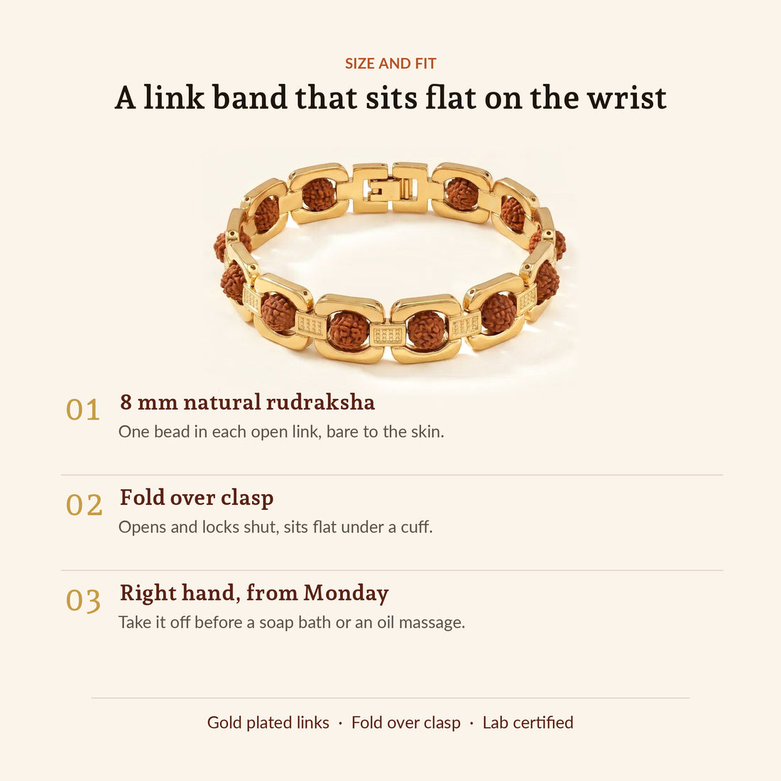 Gold Plated Rudraksha Bracelet, size and fit