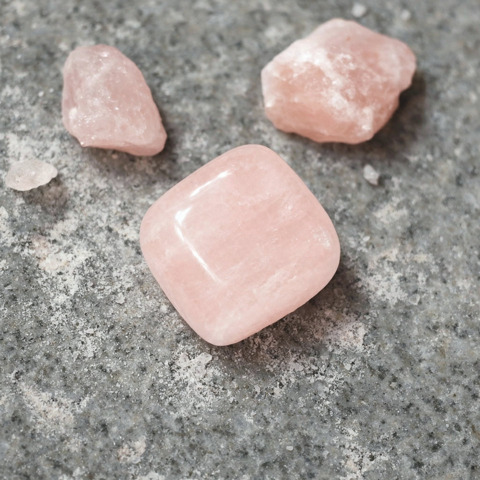 Rose quartz tumble beside two raw uncut rose quartz rough chunks