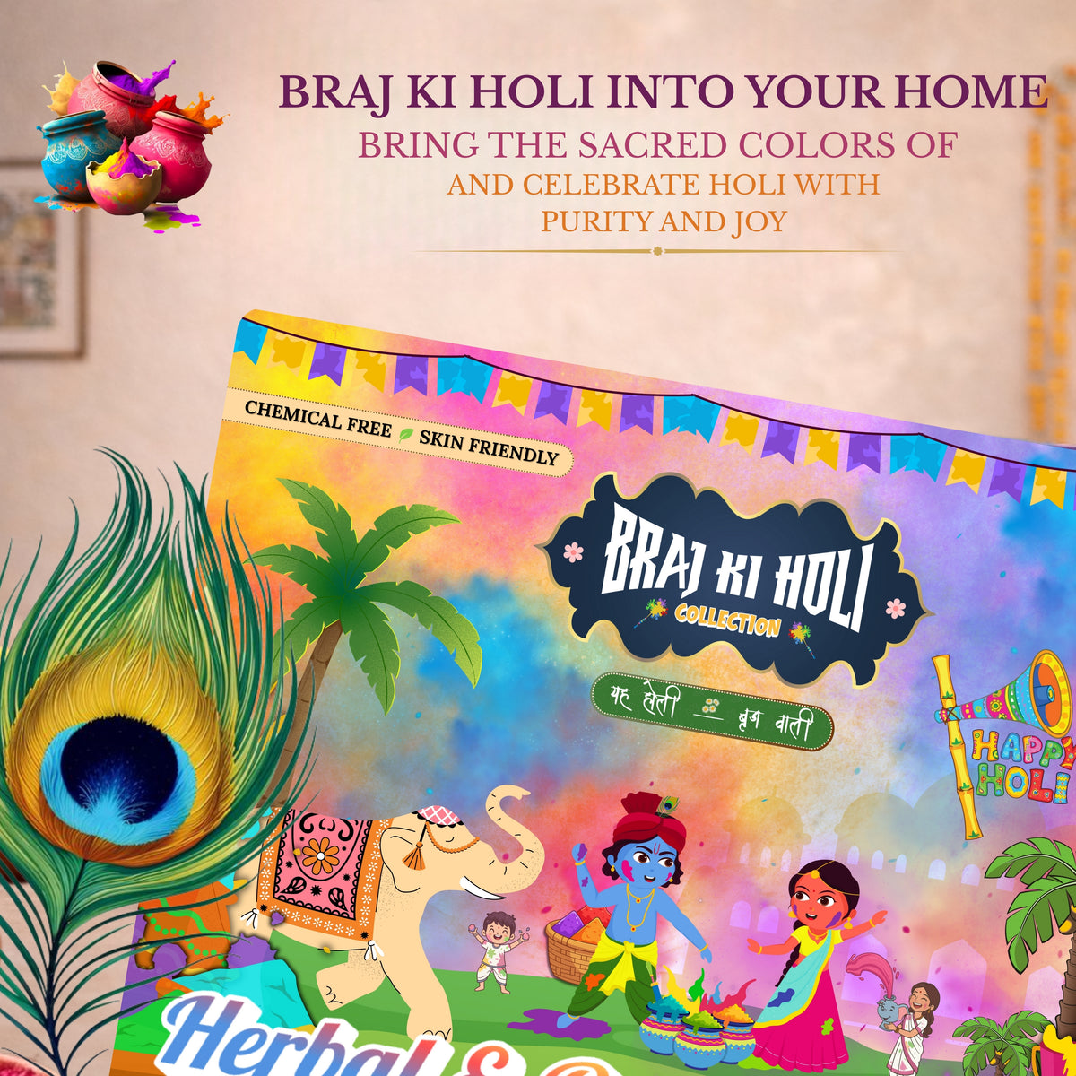 Divine Vrindavan Organic Holi Gulal Box - Set of 5 Gulal Pouch (80Gms Each)  with Free Japa Counter