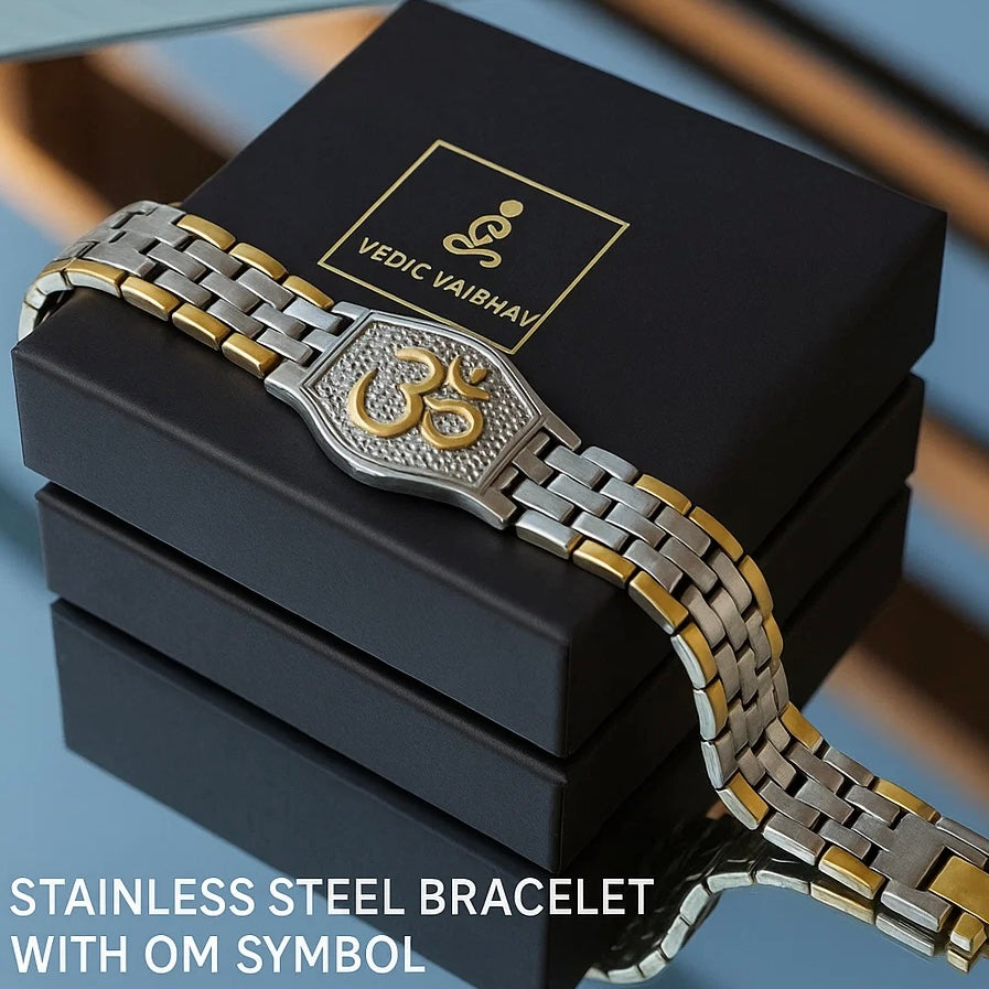 Om Bracelet for Men resting on the Vedic Vaibhav box