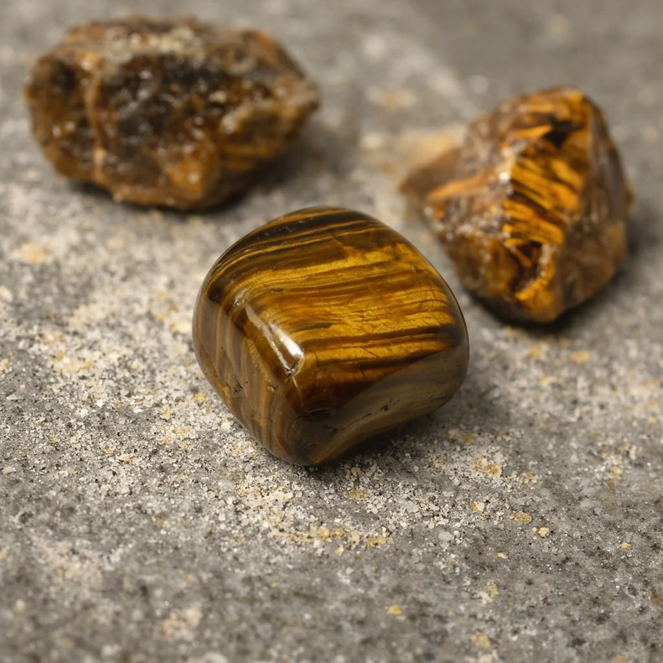 Tiger eye tumble beside two raw banded tiger eye rough chunks