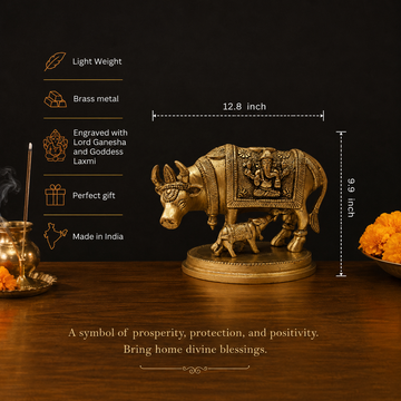 Kamdhenu Cow with Calf in Brass – Handcrafted Decorative Idol - 3