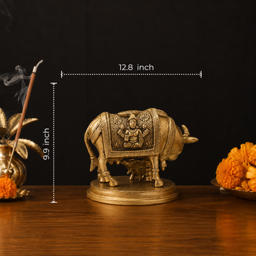 Kamdhenu Cow with Calf in Brass – Handcrafted Decorative Idol - 2