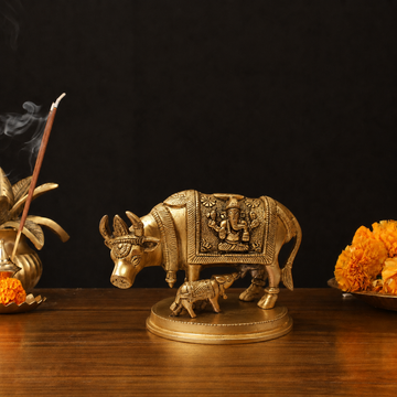 Kamdhenu Cow with Calf in Brass – Handcrafted Decorative Idol - 1