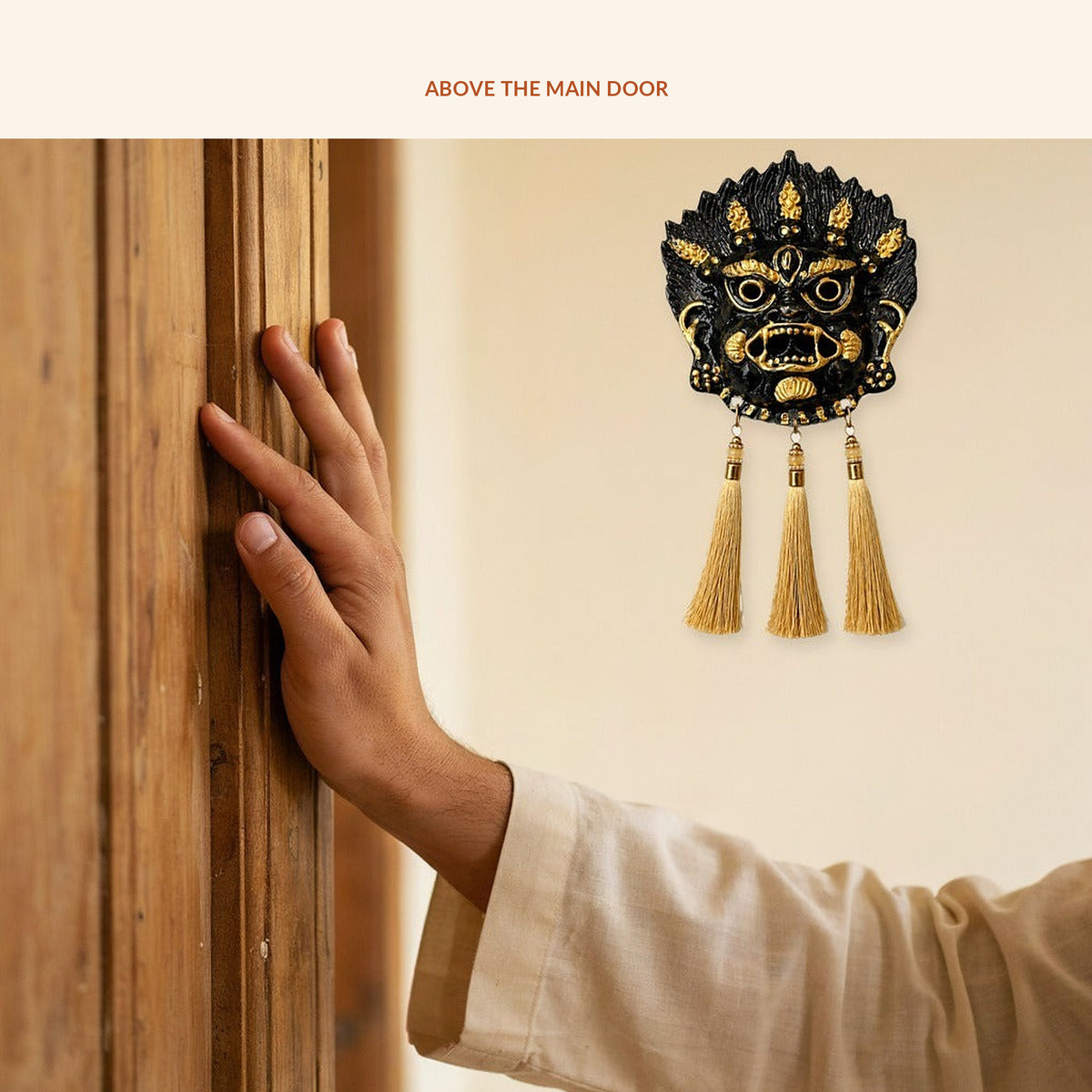 Kirtimukh Wall Hanging (Black with Tassel), in use