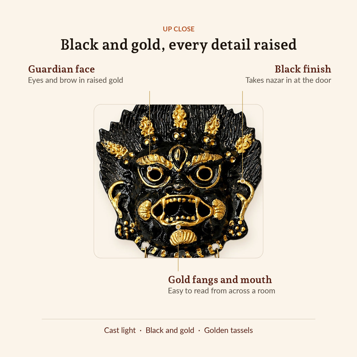 Kirtimukh Wall Hanging (Black with Tassel), up close