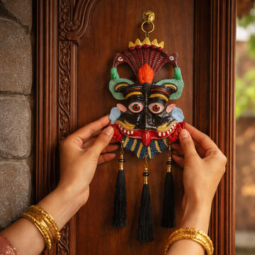 Kirtimukh Wall Hanging | NAZARBATTU |Narsingh face| Black Multicolour | With Tassel - 3