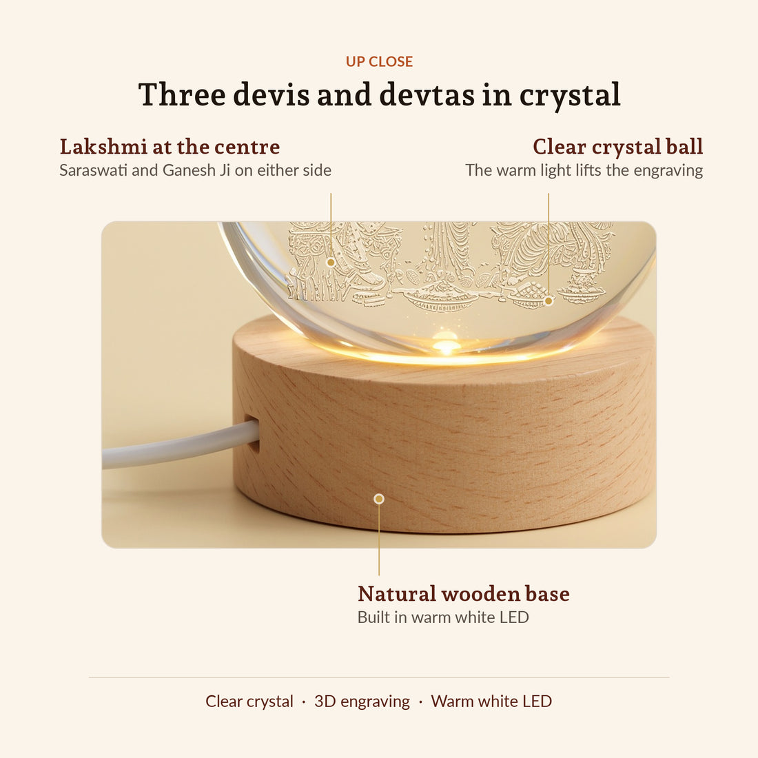 Lakshmi Saraswati Ganesh Ji 3D Crystal Ball Lamp, up close
