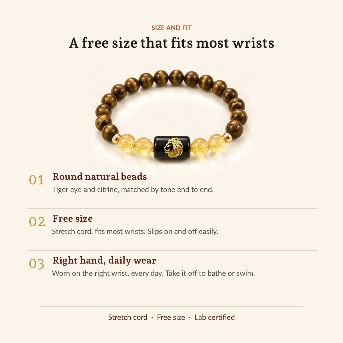 Leo Zodiac Tiger Eye & Citrine Bracelet, size and fit
