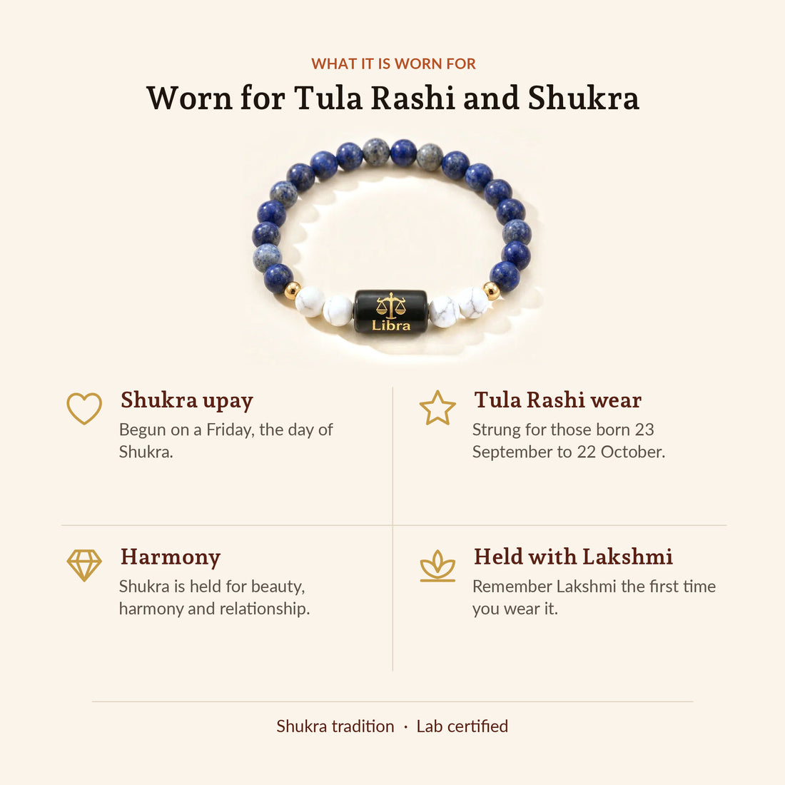 Libra Zodiac Lapis Lazuli & Howlite Bracelet, what it is worn for