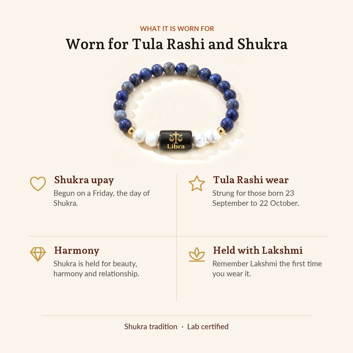 Libra Zodiac Lapis Lazuli & Howlite Bracelet, what it is worn for