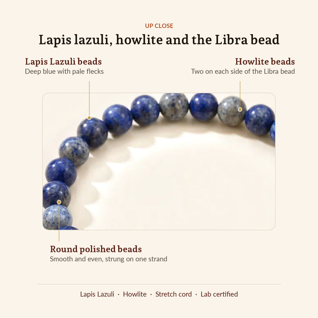 Libra Zodiac Lapis Lazuli & Howlite Bracelet, up close